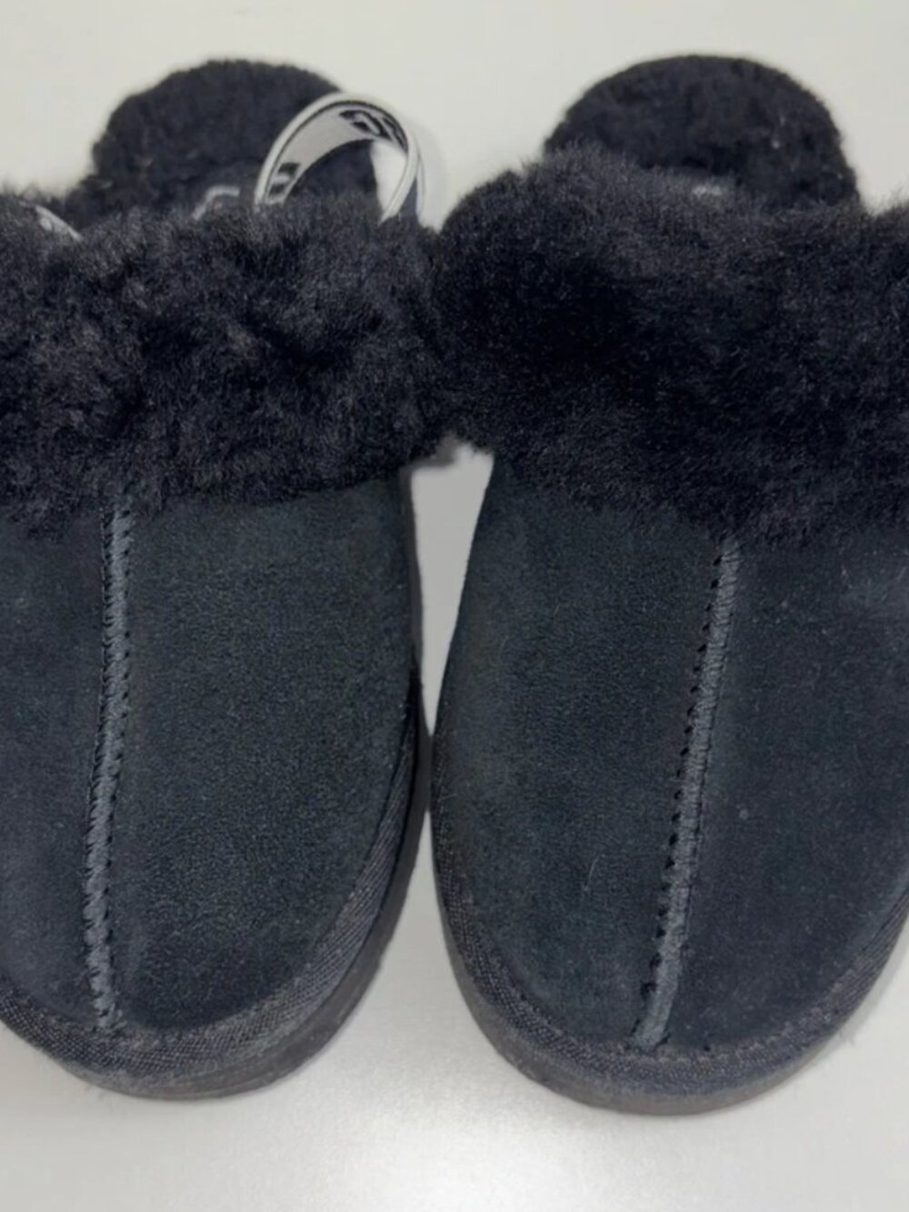 UGG Funkette Black Suede Platform Slingback Slippers for Kids.